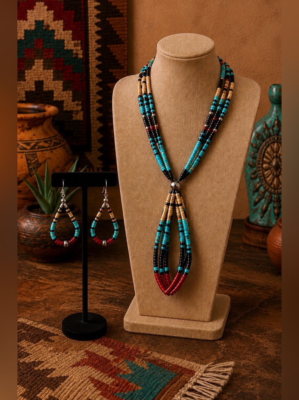 Santo Domingo Sterling Turquoise Multi Stone Heishi Earrings Jacla Necklace Set
